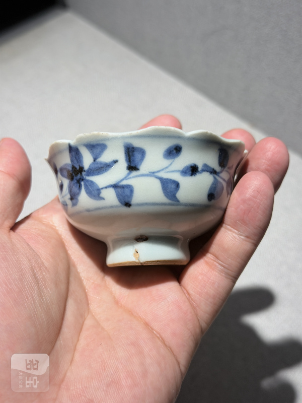 元 青花荷塘鸳鸯纹菱口盘及花口杯一套 - 图8